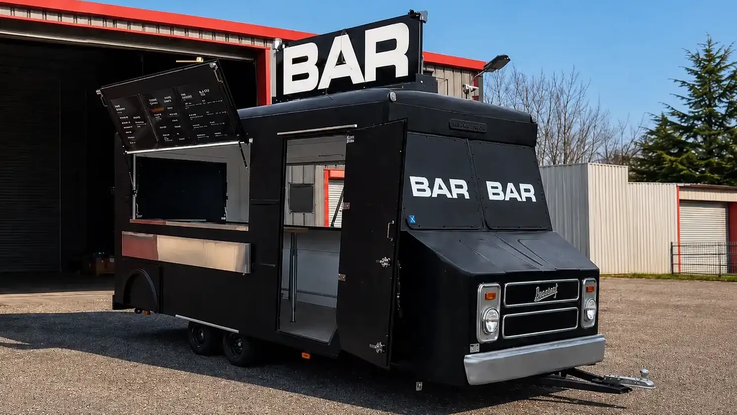 Food truck noir avec vue latérale complète