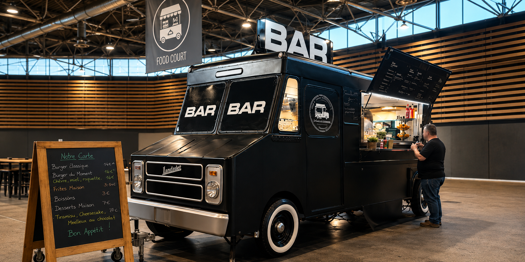 Food truck noir avec ouverture latérale relevée